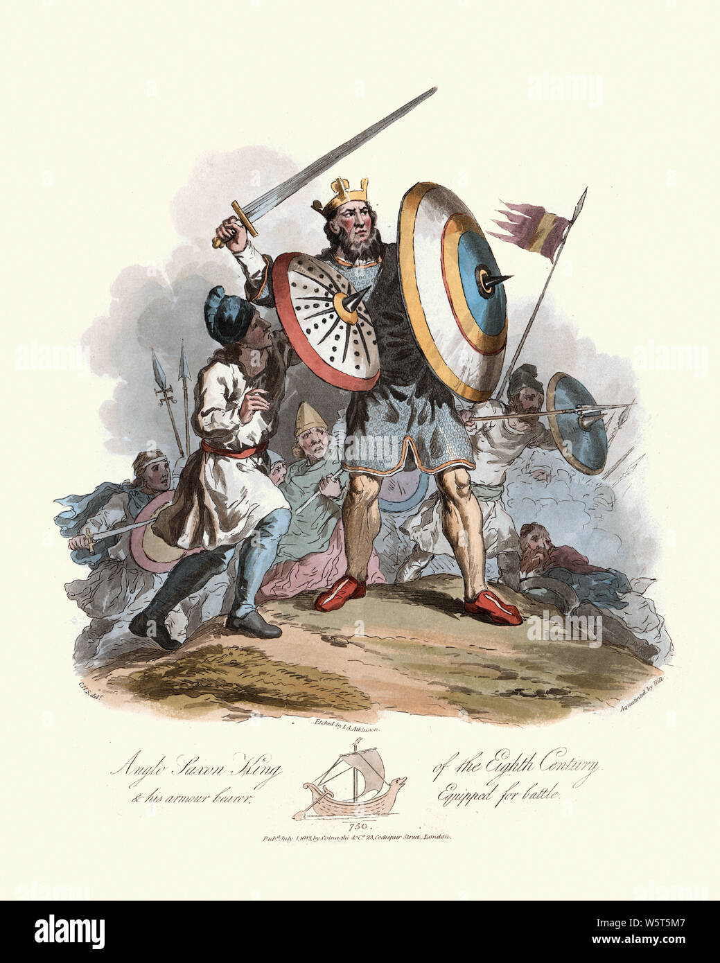 Vintage engraving of Anglo Saxon King of the 8th Century and his armour bearer equipped for battle. Sword and round shield with chainmail surcoat, pro Stock Photo