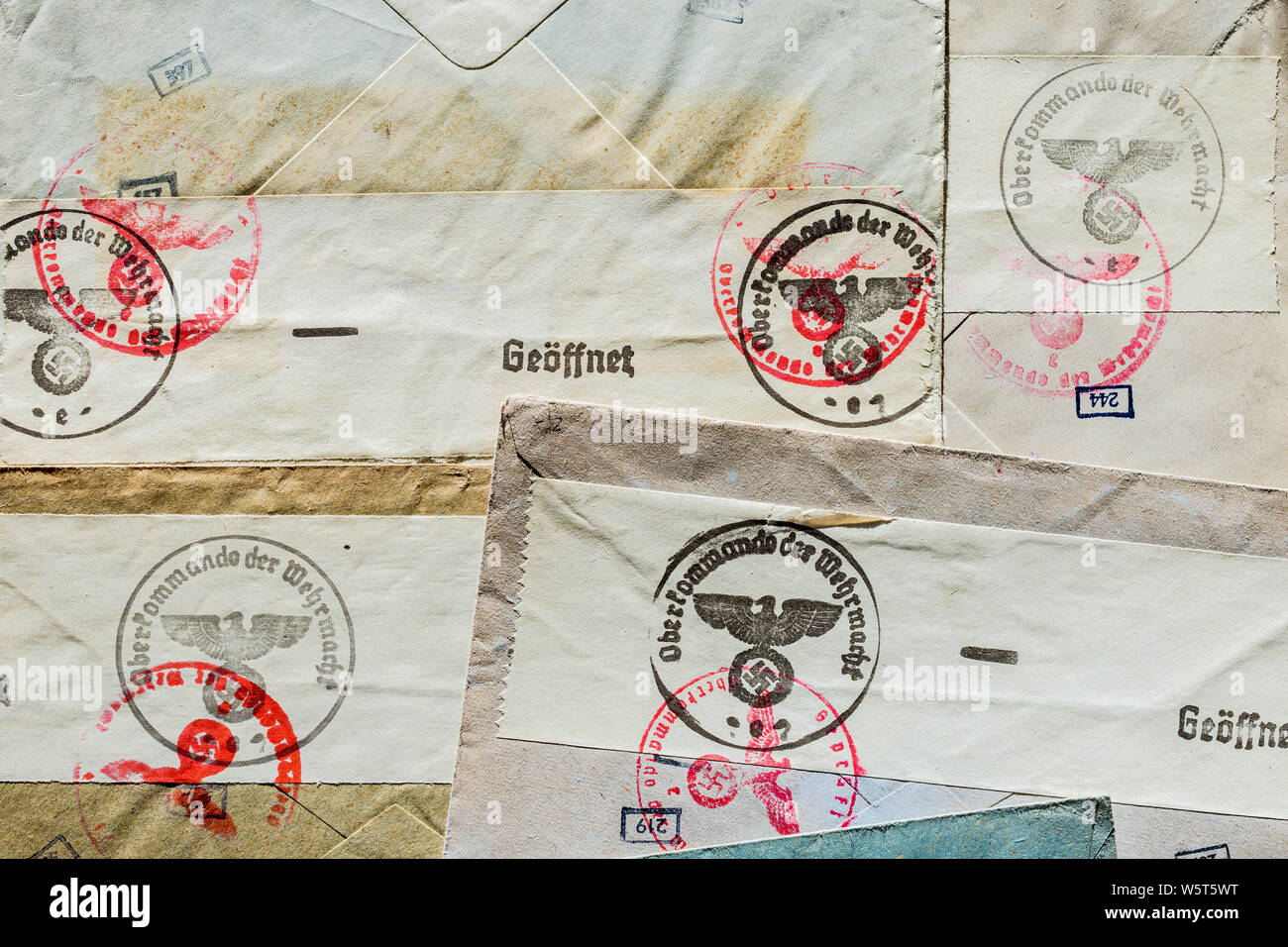 German censor marks on wartime mail. Stock Photo