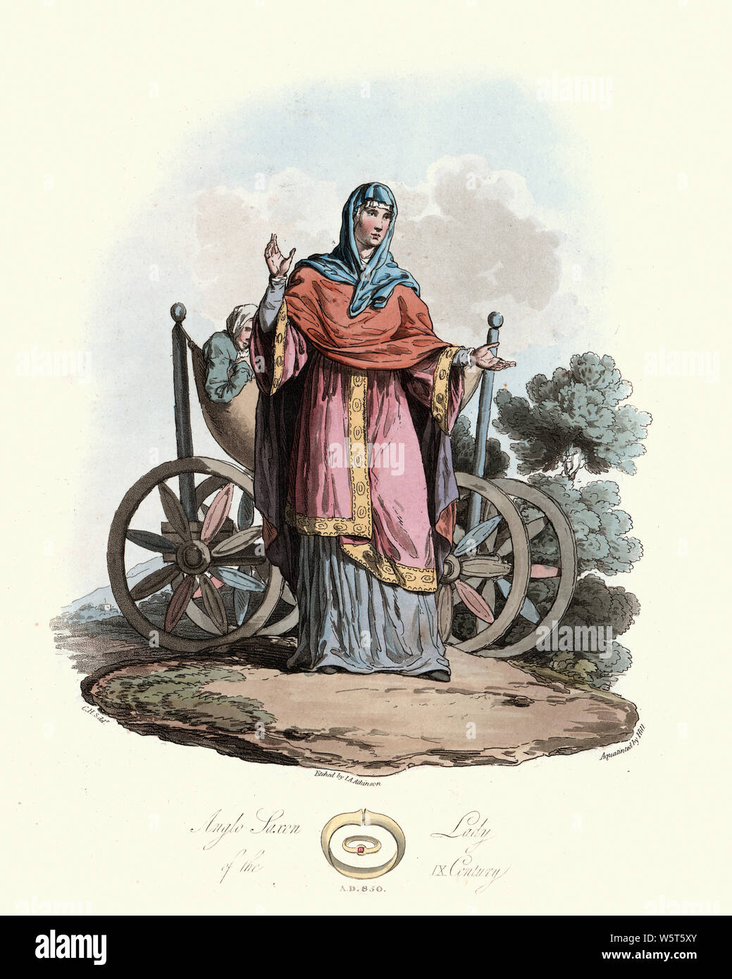 Vintage engraving of Costumes of Anglo Saxon woman of 9th Century England. Ancient costumes of England, 1813 Stock Photo