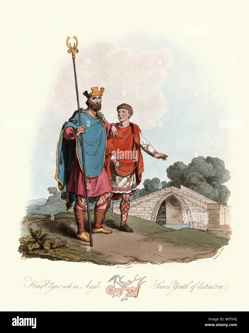 Vintage engraving of King Edgar the Peaceful, and Anglo Saxon youth, 10th Century. Ancient costumes of England, 1813. Edgar (c. 943—8 July 975), known Stock Photo