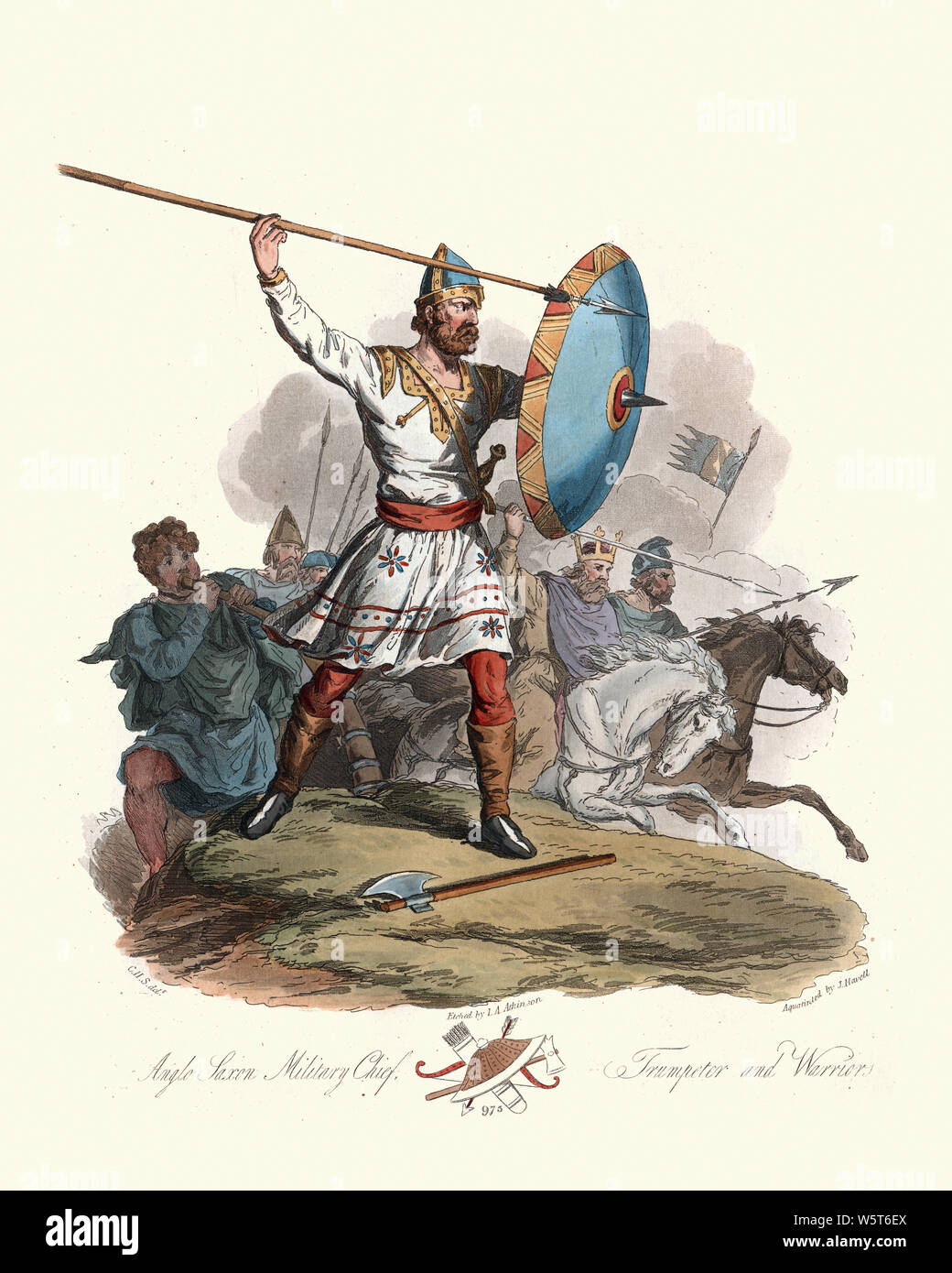 Vintage engraving of Anglo Saxon Chief, Trumpeter and Warrior, 10th Century. Ancient costumes of England, 1813 Stock Photo