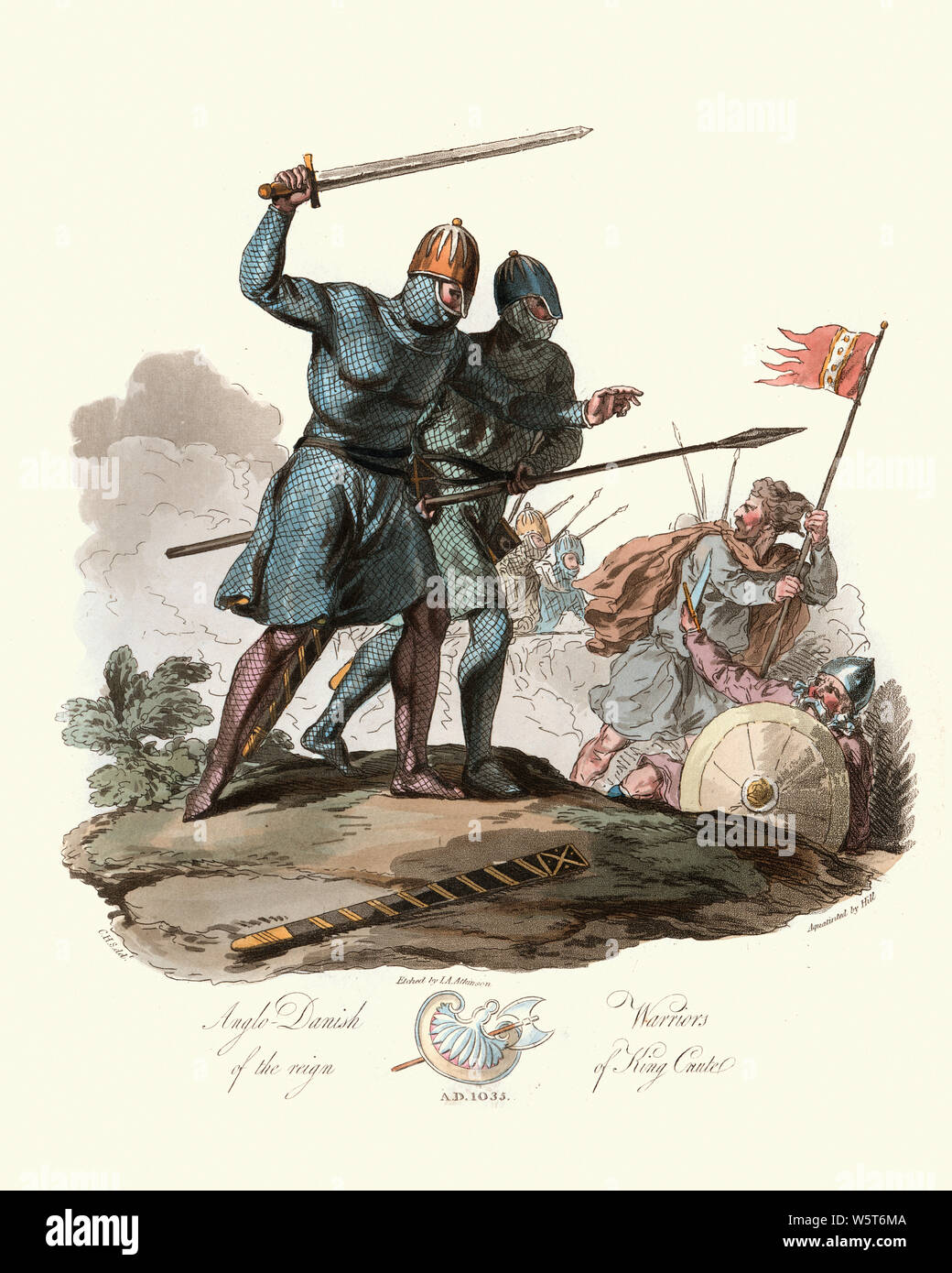 Vintage engraving of Anglo Danish warriors of King Canute, 10th Century. Ancient costumes of England, 1813 Stock Photo