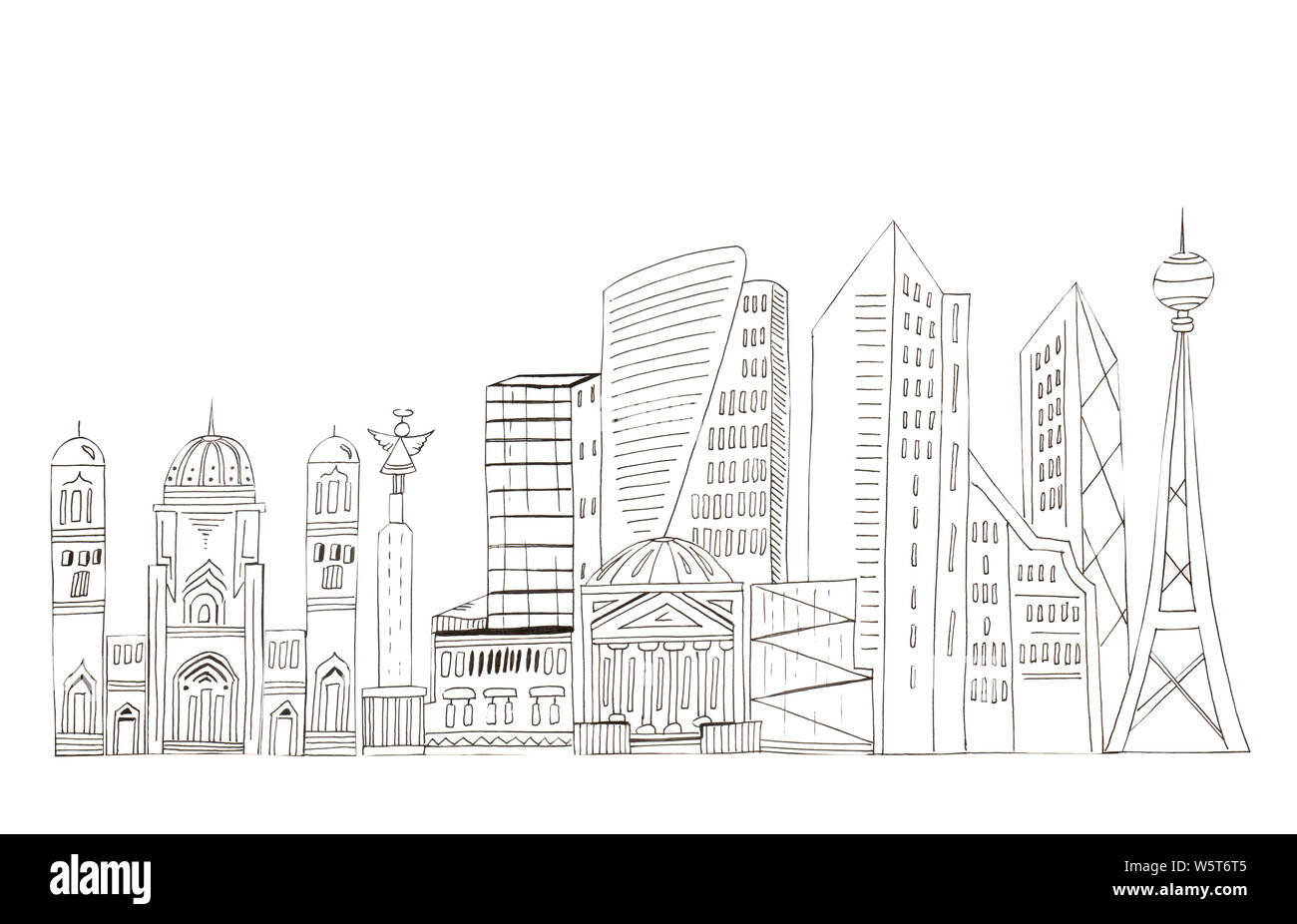 Illustration of sketch drawing black contour of skyline cities on a white isolated background. Stock Photo