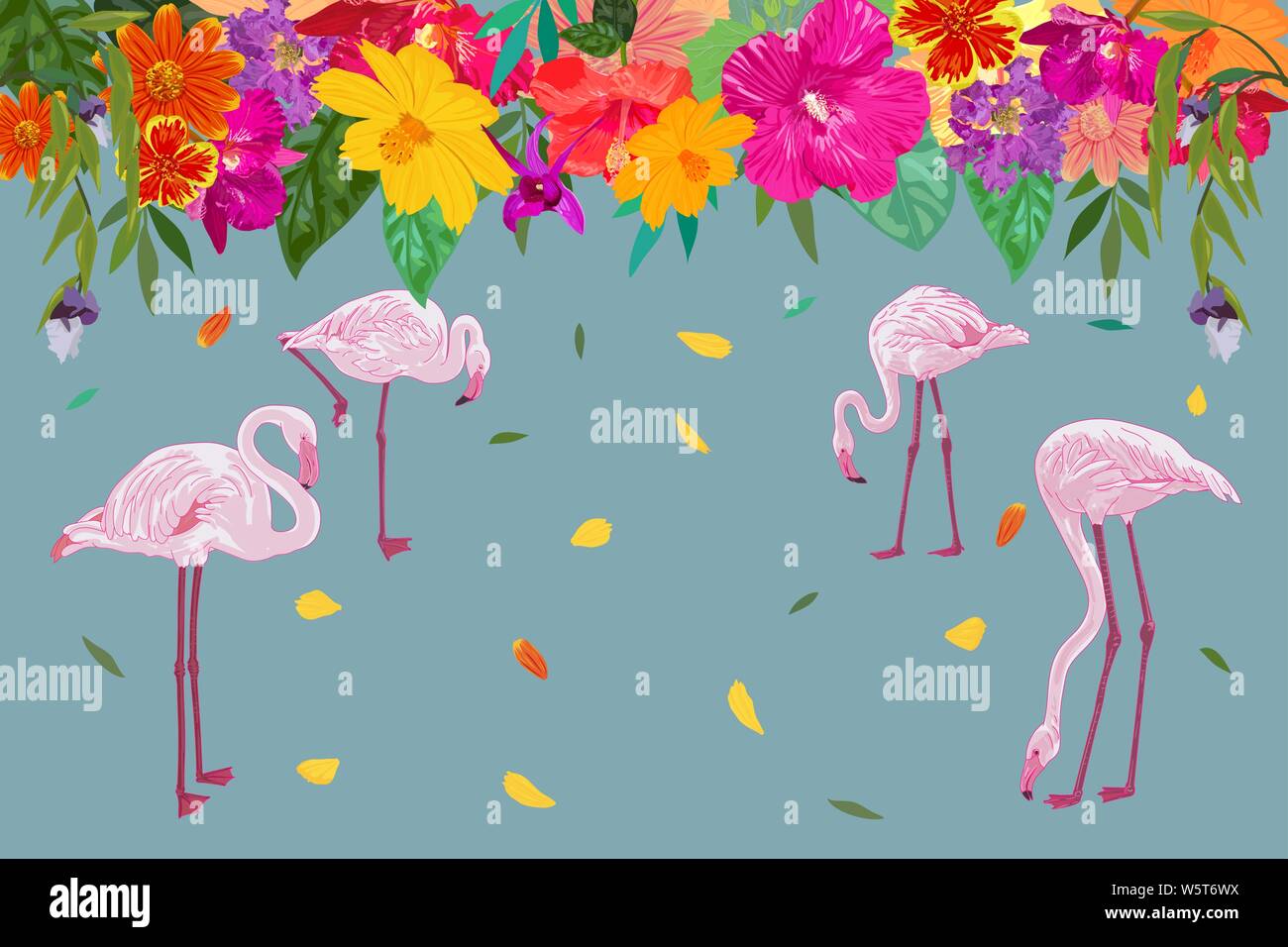 Colorful realistic tropical flower backdrop with floating petal and flamingos on blue background with copy space. vector illustration. Stock Vector