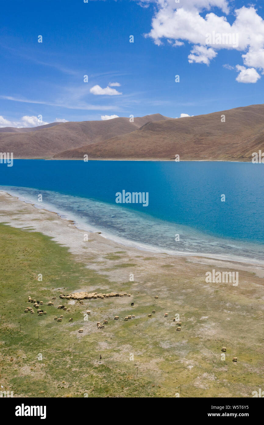 Landscape of the Yamdrok Lake, one of the Three Holiest Lakes in Tibet, in Nagarze county, Shannan city, northwest China's Tibet Autonomous Region, 14 Stock Photo