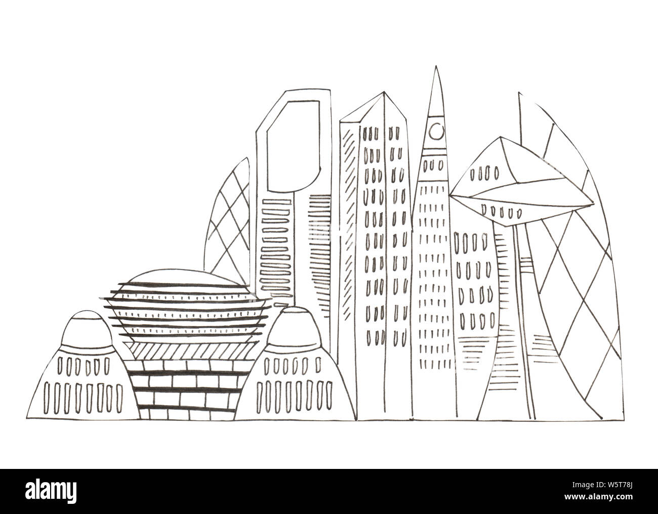 Illustration of sketch drawing black contour of skyline cities on a white isolated background. Stock Photo