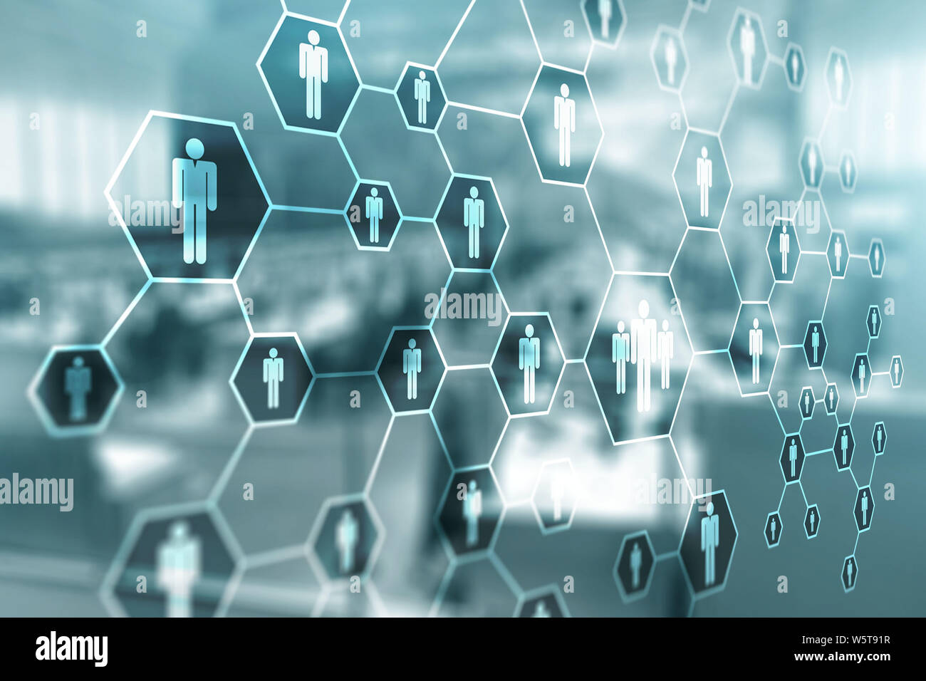 Social network people icons. HR Human Resources on blurred office