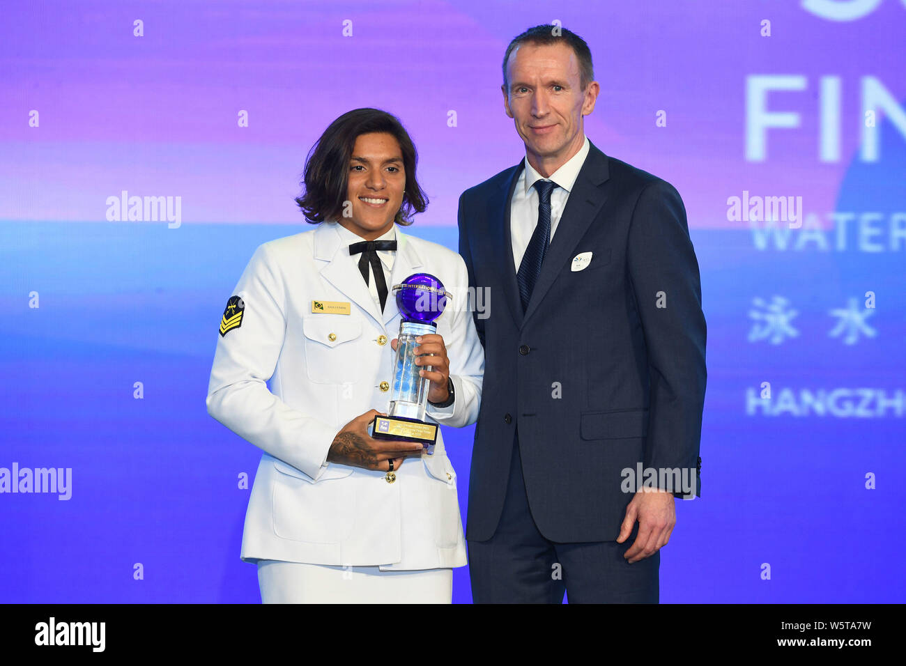 Brazilian athlete Ana Marcela Cunha receives her trophy of the 'FINA Best Female Open Water Athlete of the Year 2018' at the fifth edition of the FINA Stock Photo