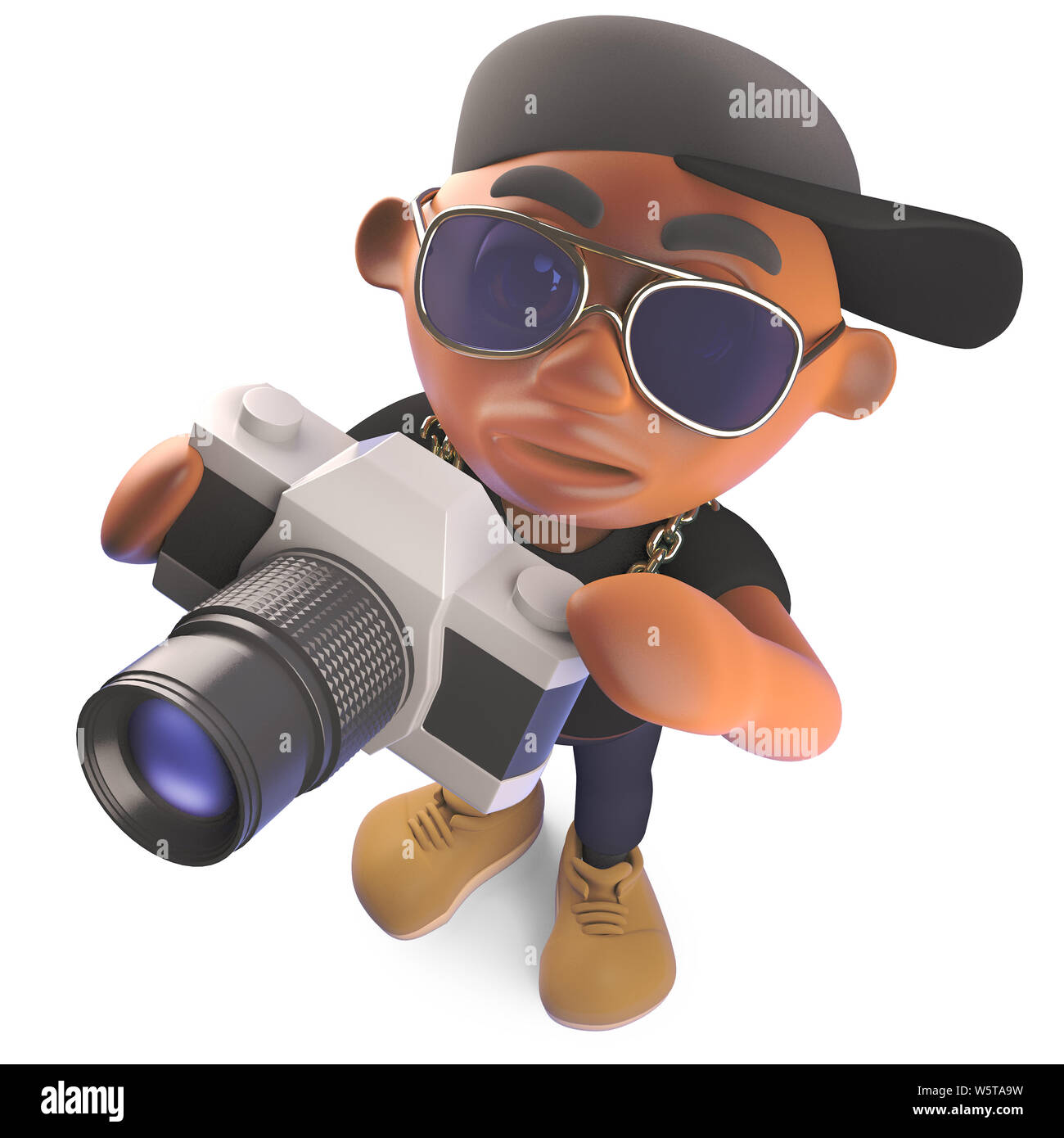 Cool cartoon black hiphop rapper taking a photo with a camera, 3d ...