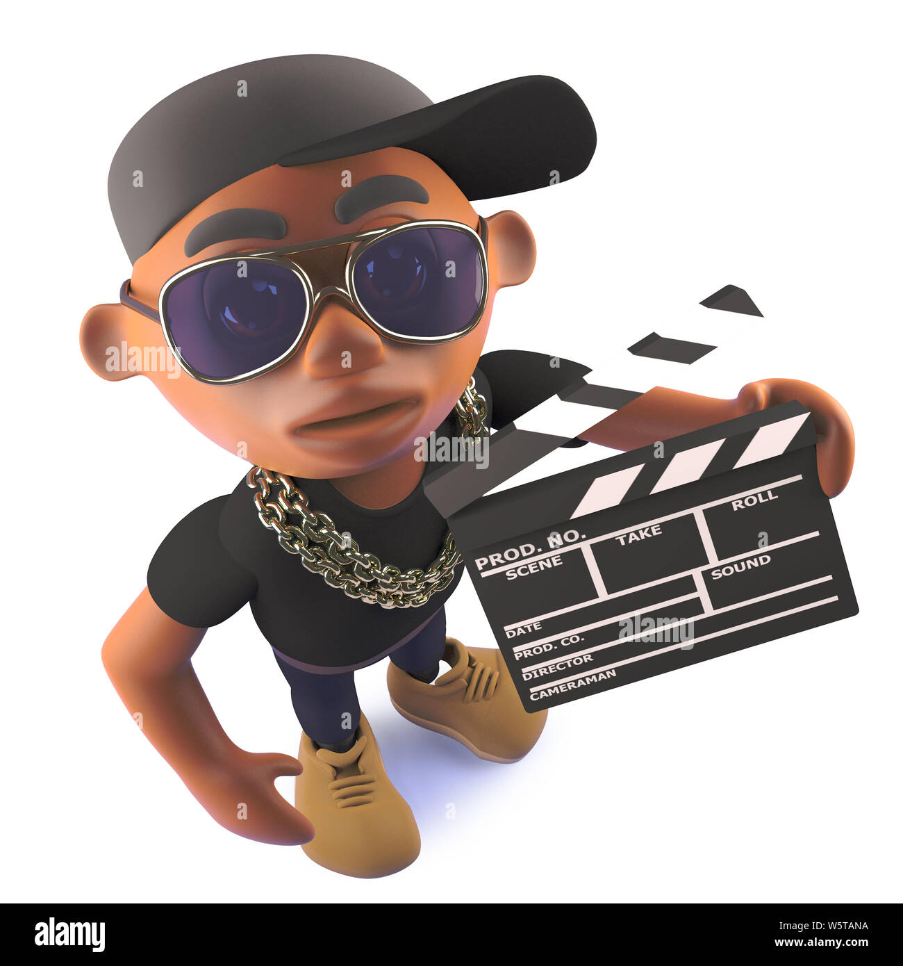 A rendered image of a black African American hiphop rap artist holding a film slate, 3d illustration Stock Photo