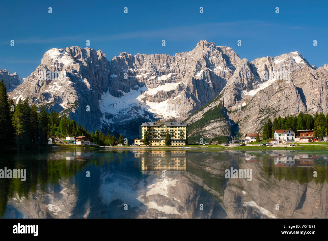 Misurina lake with reflections (Auronzo di Cadore - Dolomites - Italy) Stock Photo