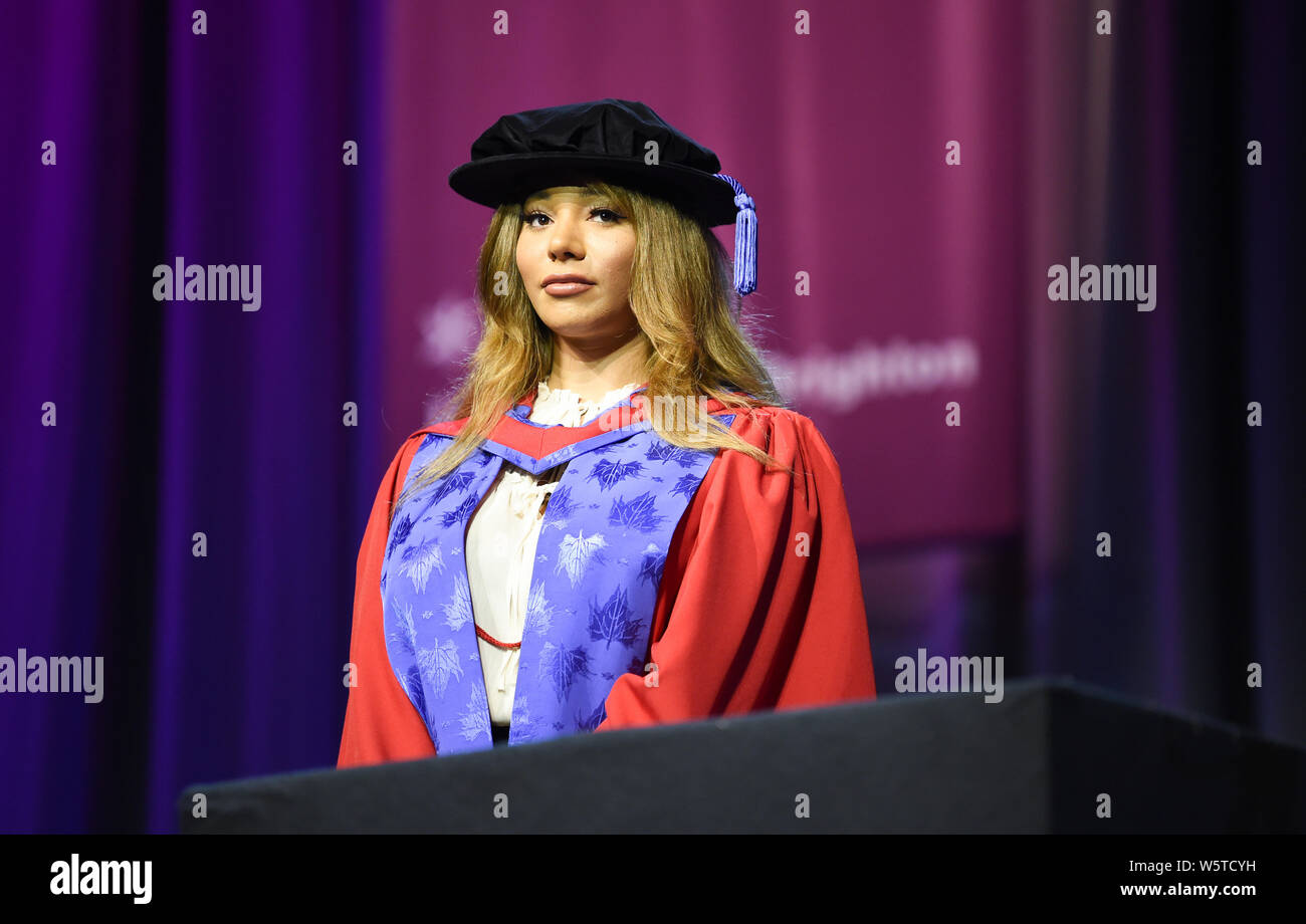 Brighton UK 30th July 2019 - Famous transgender model  Munroe Bergdorf speaking after receiving an honorary doctor of letters at the University of Brighton graduation ceremony today from Vice-Chancellor Professor Debra Humphris . Credit : Simon Dack / Alamy Live News Stock Photo