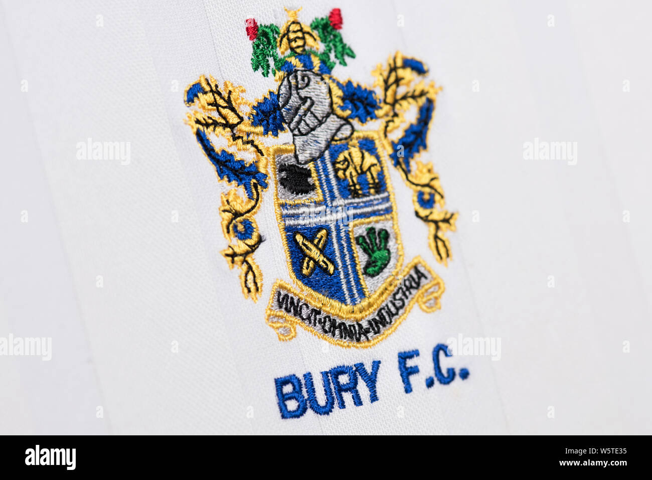 Close up of Bury Football Club home kit. Stock Photo