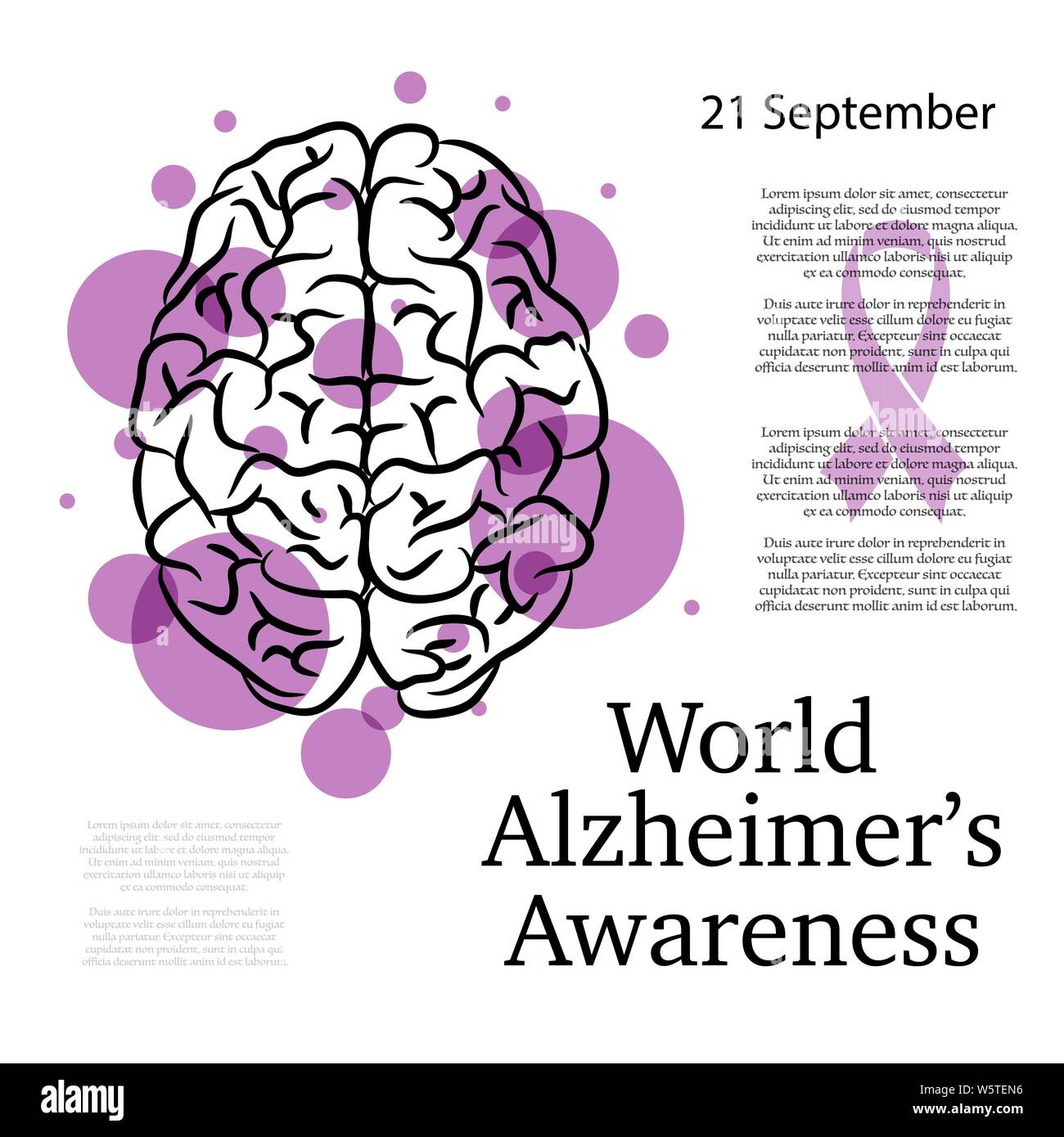 World Alzheimer day background with brain silhouette and purple circles Stock Vector