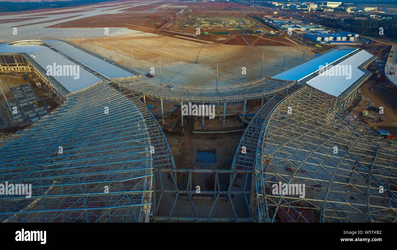 An aerial view of the new terminal and airfield runway constructed for the upgrade and expansion ...