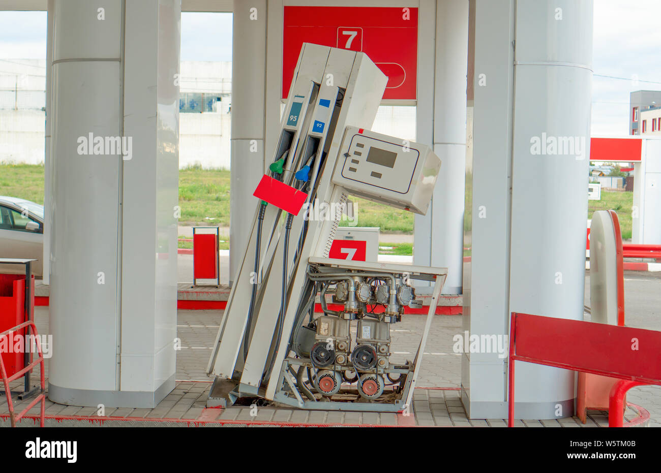 Russia, Tatarstan, July 28, 2019. The gas station pump is broken