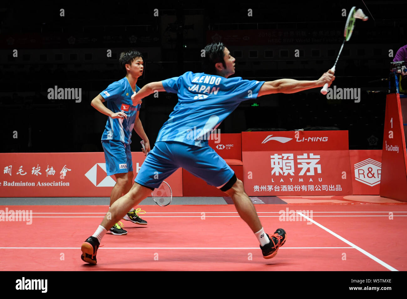 Hiroyuki Endo And Yuta Watanabe Of Japan Return A Shot To Chen Hung Ling And Wang Chi Lin Of Chinese Taipei In Their Men S Doubles Group B Match Durin Stock Photo Alamy