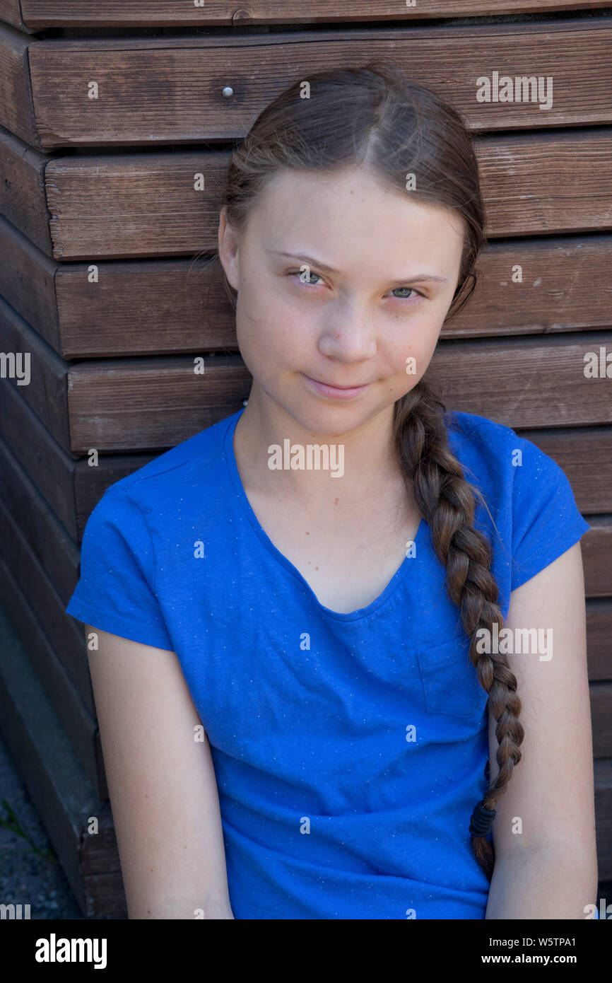 Swedish environmental activist Greta Thunberg, age 16, protesting outside  the Swedish parliament in Stockholm about the need for immediate action to  c Stock Photo - Alamy