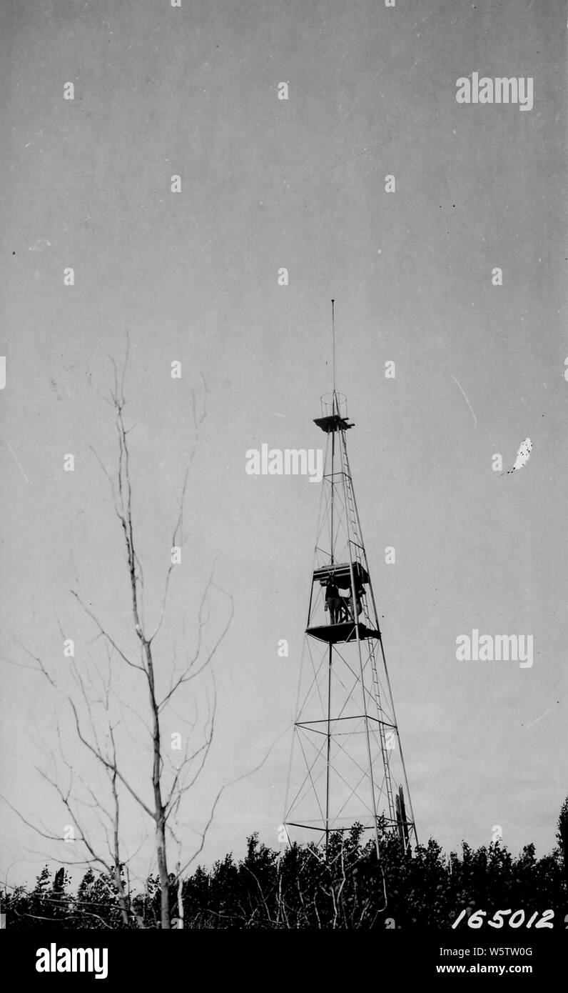 Photograph of Minnesota State Forest Service Lookout Tower; Scope and content:  Original caption: Minn State Forest Service Lookout Tower. Guard (Miss) Carroll on tower. Stock Photo
