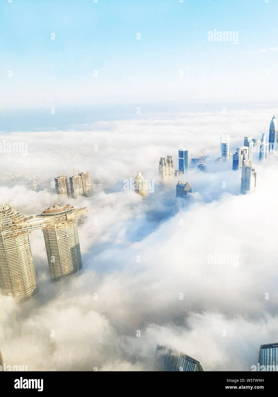 Dubai skyline panoramic sunset view. Stock Photo