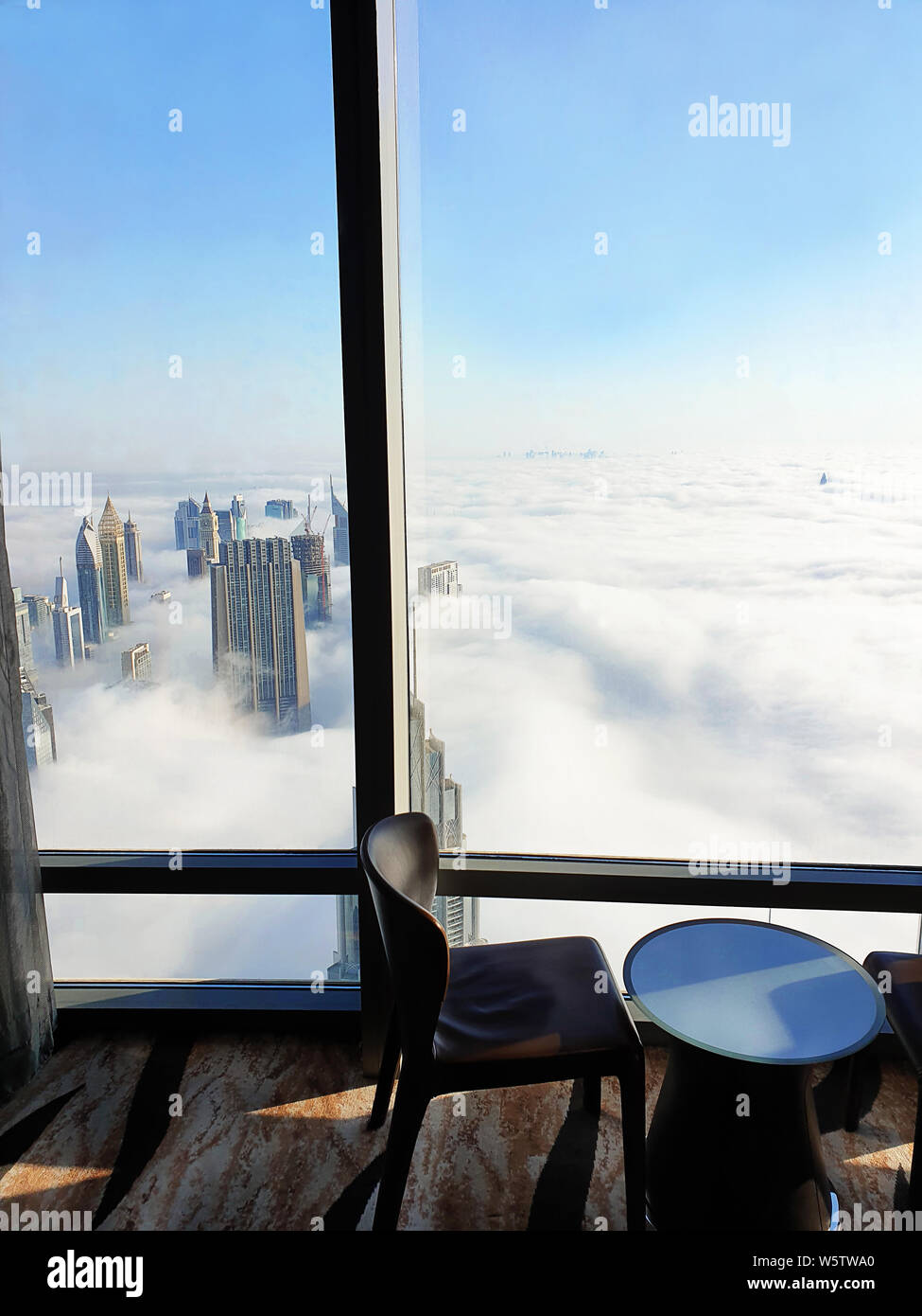 Dubai skyline panoramic sunset view. Stock Photo
