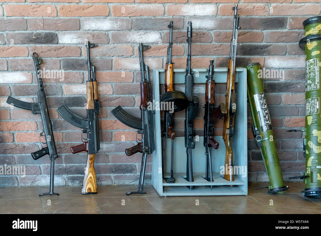Russia, Tatarstan, June 23, 2019. Firearms PPS, AKM, AKS, AK103, AKS-74U, SKS, rocket launcher assault grenade Stock Photo