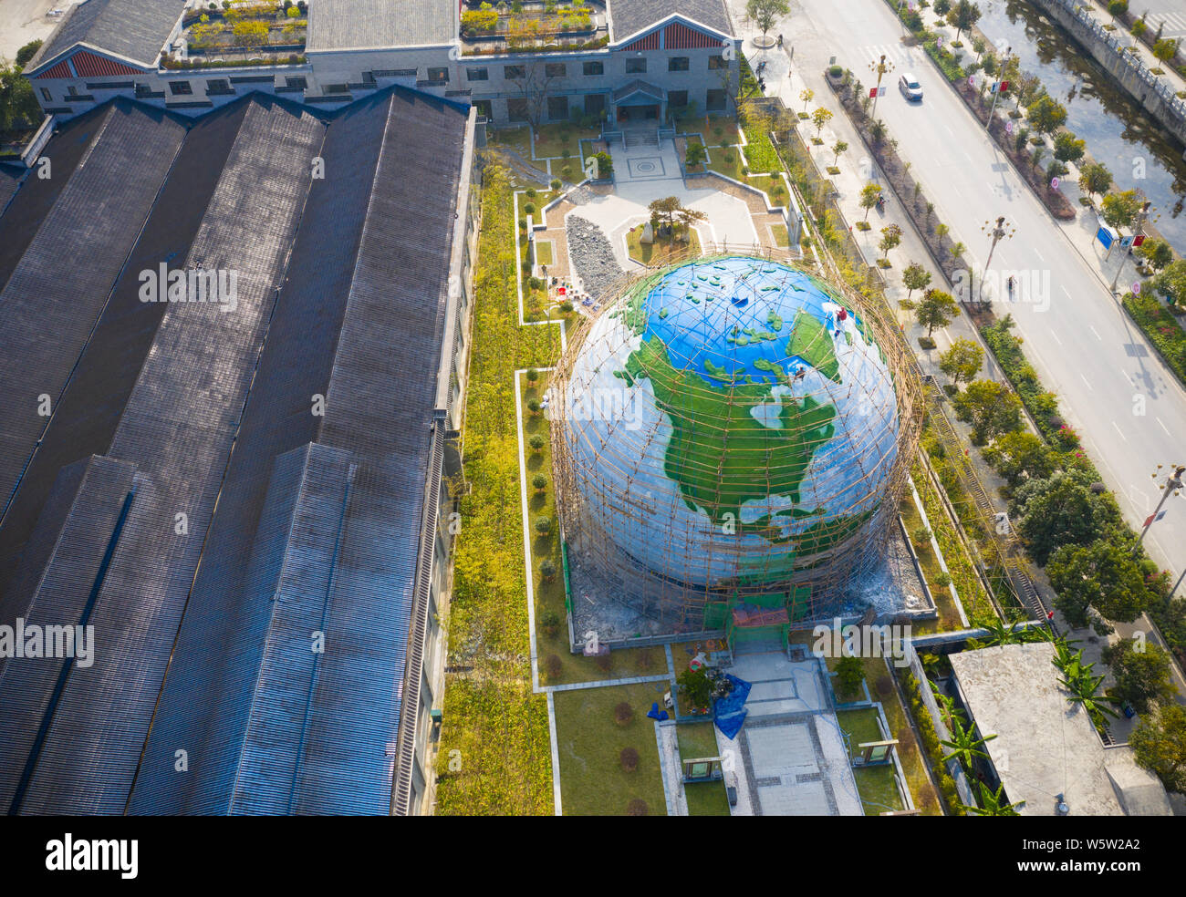 Aut View Aerial view of a newly-built construction featuring shape of a globe ...