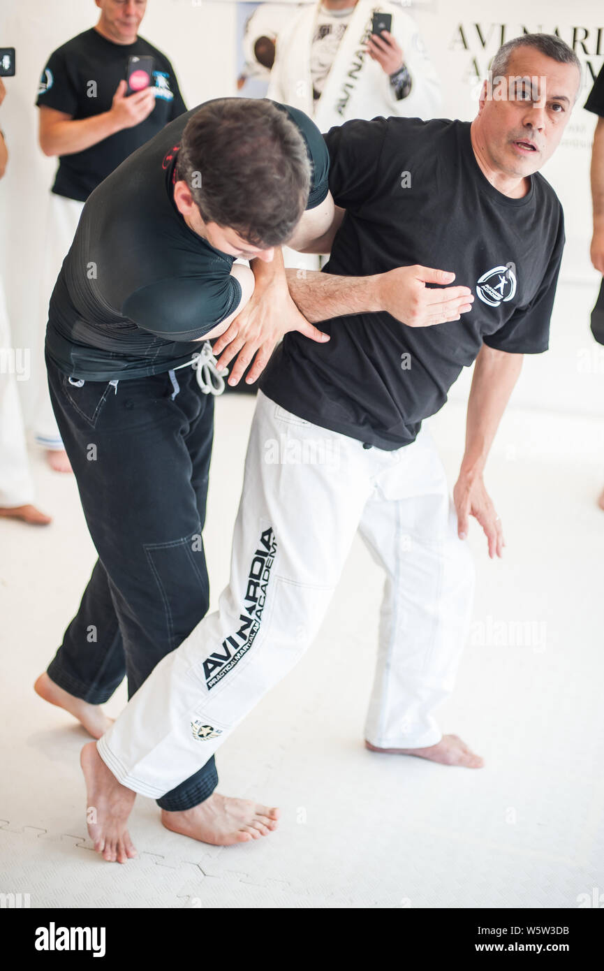 ISTANBUL, TURKEY - Maj 30 - Jun 02. 2019. Kapap instructor Avi Nardia demonstrate street fighting self defence technique against holds and grabs with Stock Photo