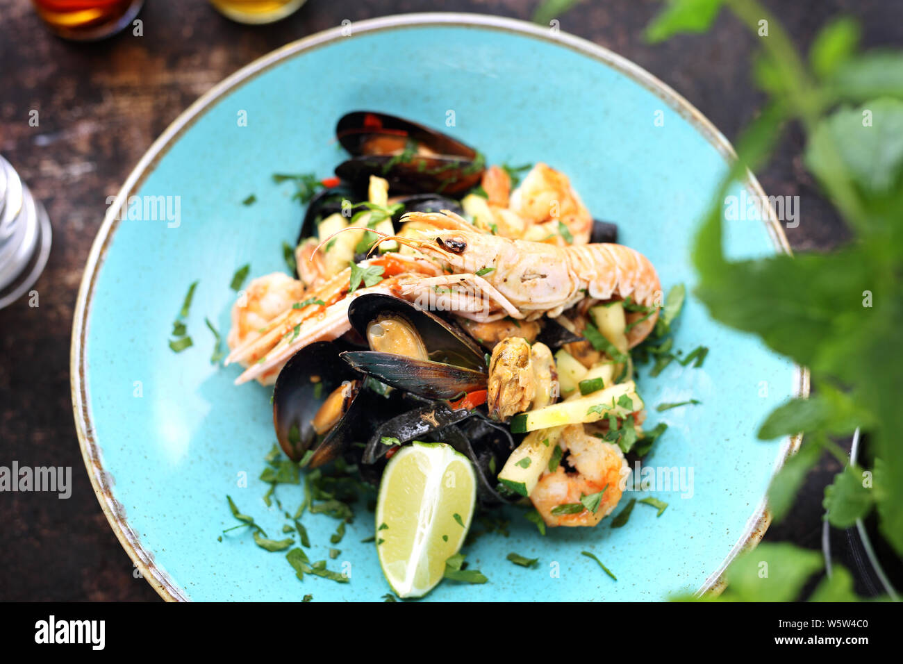 Tagliatelle with seafood, prawns, mussels, langoustines, squid, with the addition of white wine
