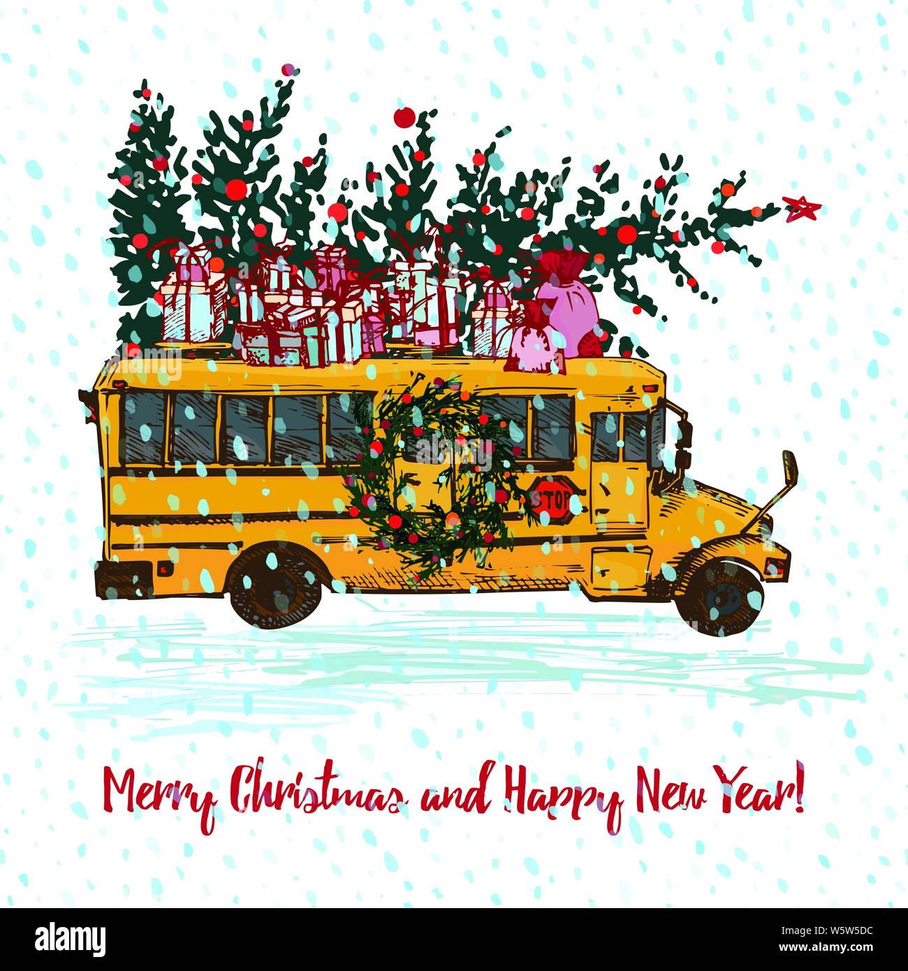 Festive Christmas card. Yellow school bus with fir tree decorated red