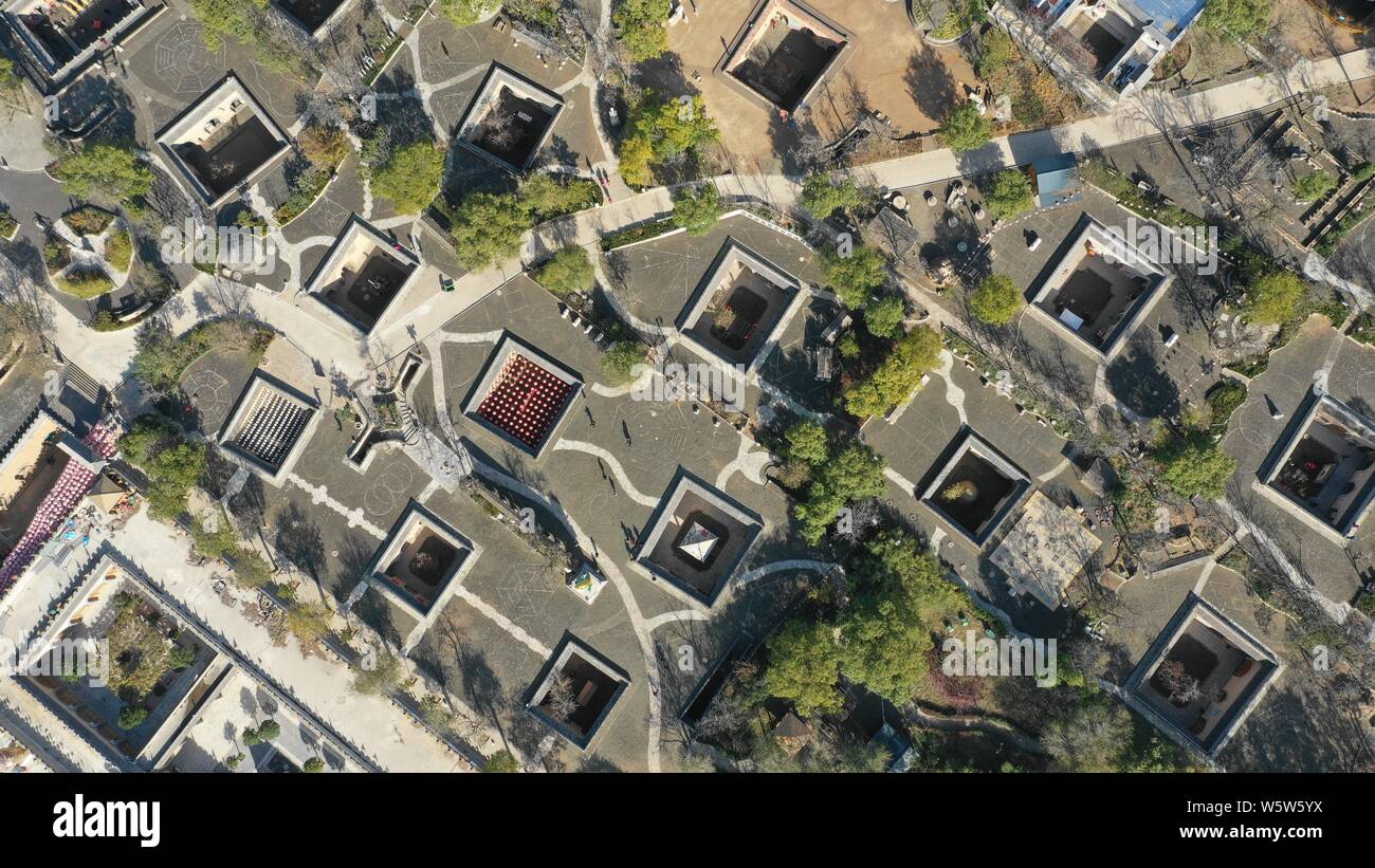 Aerial view of the underground cave dwelling, which is called by the locals 'pit yards' or 'cave dwelling courtyards' in Shanzhou district, Sanmenxia Stock Photo