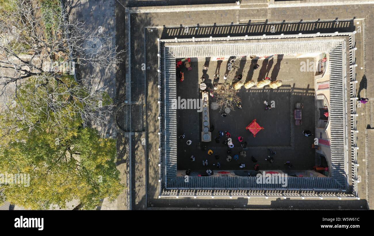 Aerial view of the underground cave dwelling, which is called by the locals 'pit yards' or 'cave dwelling courtyards' in Shanzhou district, Sanmenxia Stock Photo