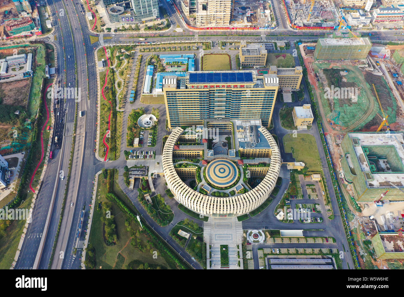 Aerial view of a building resembling a flush toilet in a hospital in Nanning city, south China's Guangxi Zhuang Autonomous Region, 23 December 2018. Stock Photo