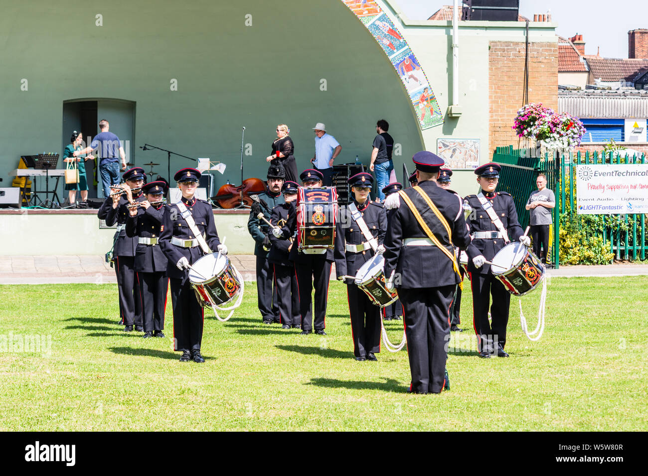Members of Wiltshire Army cadet force band playing in Trowbridge park in front of the bandstand during the armed forces celebration weekend. Stock Photo