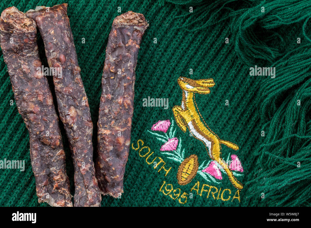 QUEENSTOWN, SOUTH AFRICA: 20 July 2019 - Springbok rugby team scarf depicting the South African rugby team's emblem of 1995 when they had their iconic Stock Photo