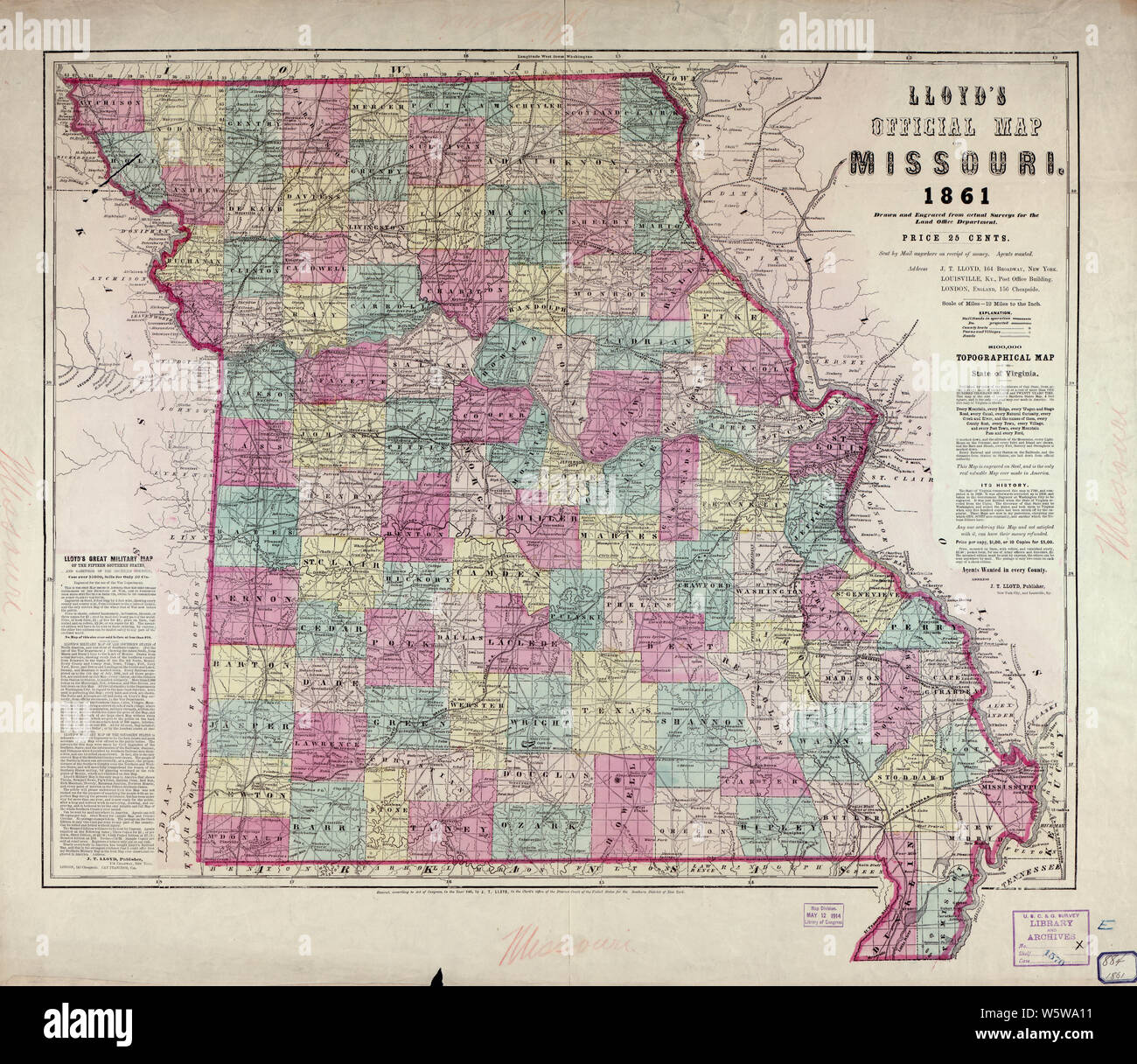 Civil War Maps 0577 Lloyd's official map of Missouri Rebuild and Repair Stock Photo
