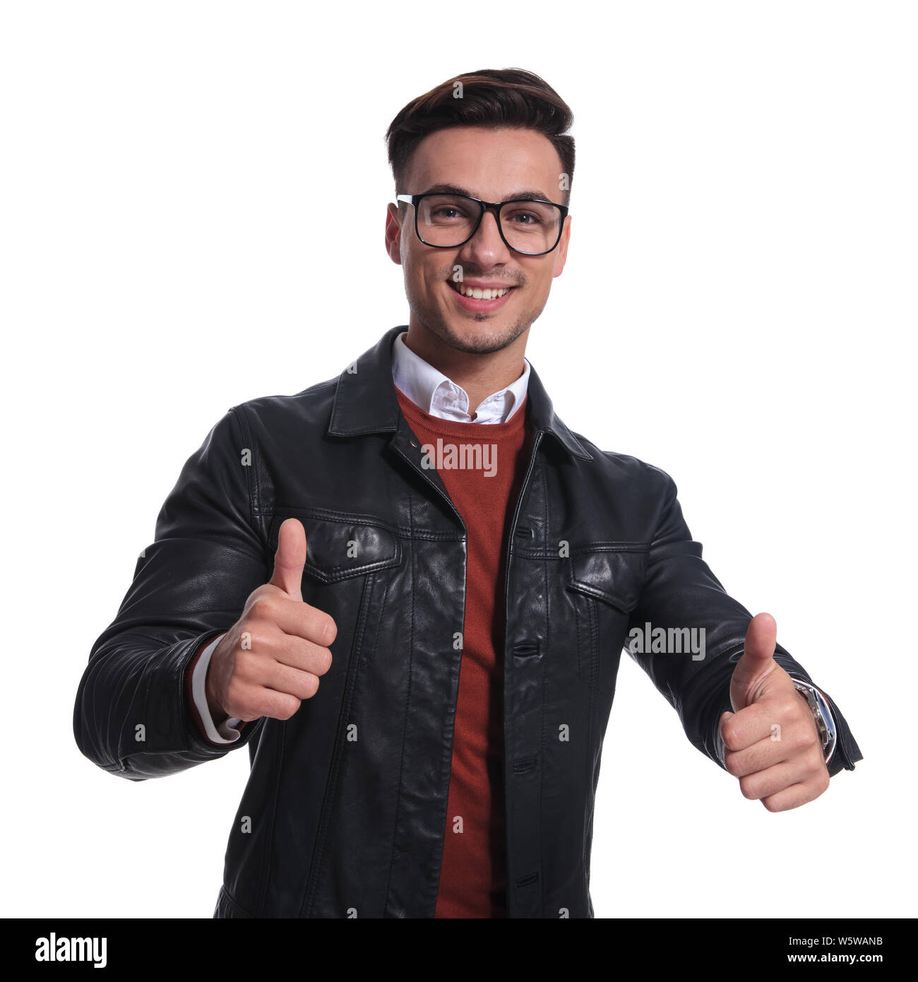 smiling smart casual man making the ok sign on white background Stock ...