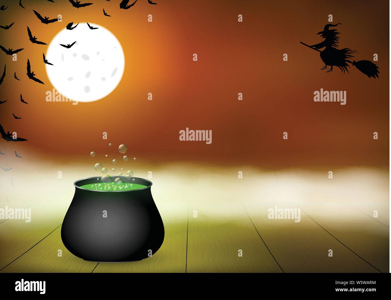 Halloween background with witch, bats, cauldron. Stock Vector