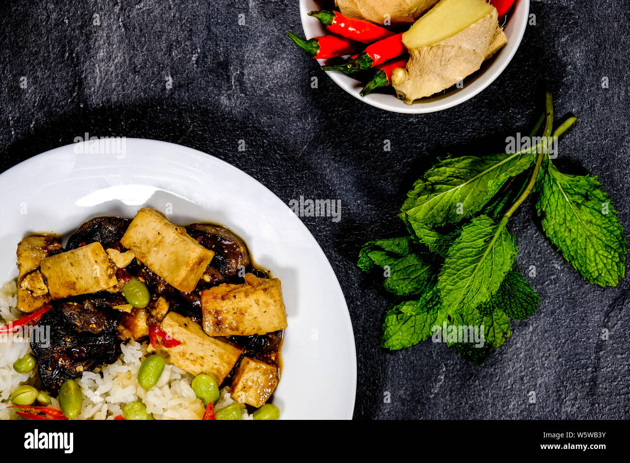 Healthy Sticky Teriyaki Tofu With Rice, Mushrooms, Edamame Beans and