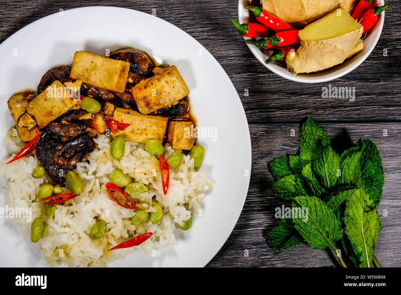 Healthy Sticky Teriyaki Tofu With Rice, Mushrooms, Edamame Beans and