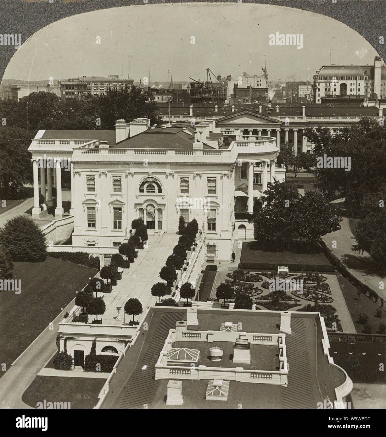 White House, Executive Offices and Treasury Building east from the Navy Dept., Washington, D.C. in 1926. The White House is the official residence and workplace of the president of the United States. It is located at 1600 Pennsylvania Avenue NW in Washington, D.C. and has been the residence of every U.S. president since John Adams in 1800. Stock Photo