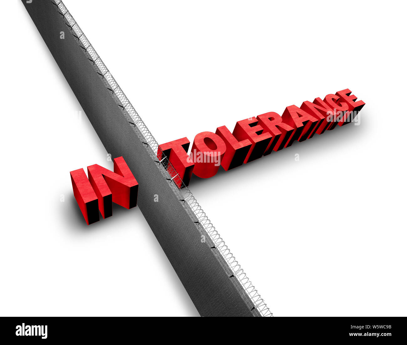 Intolerance and bigotry or intolerant political philosophy concept as a border wall dividing a word representing prejudice racism and discrimination. Stock Photo