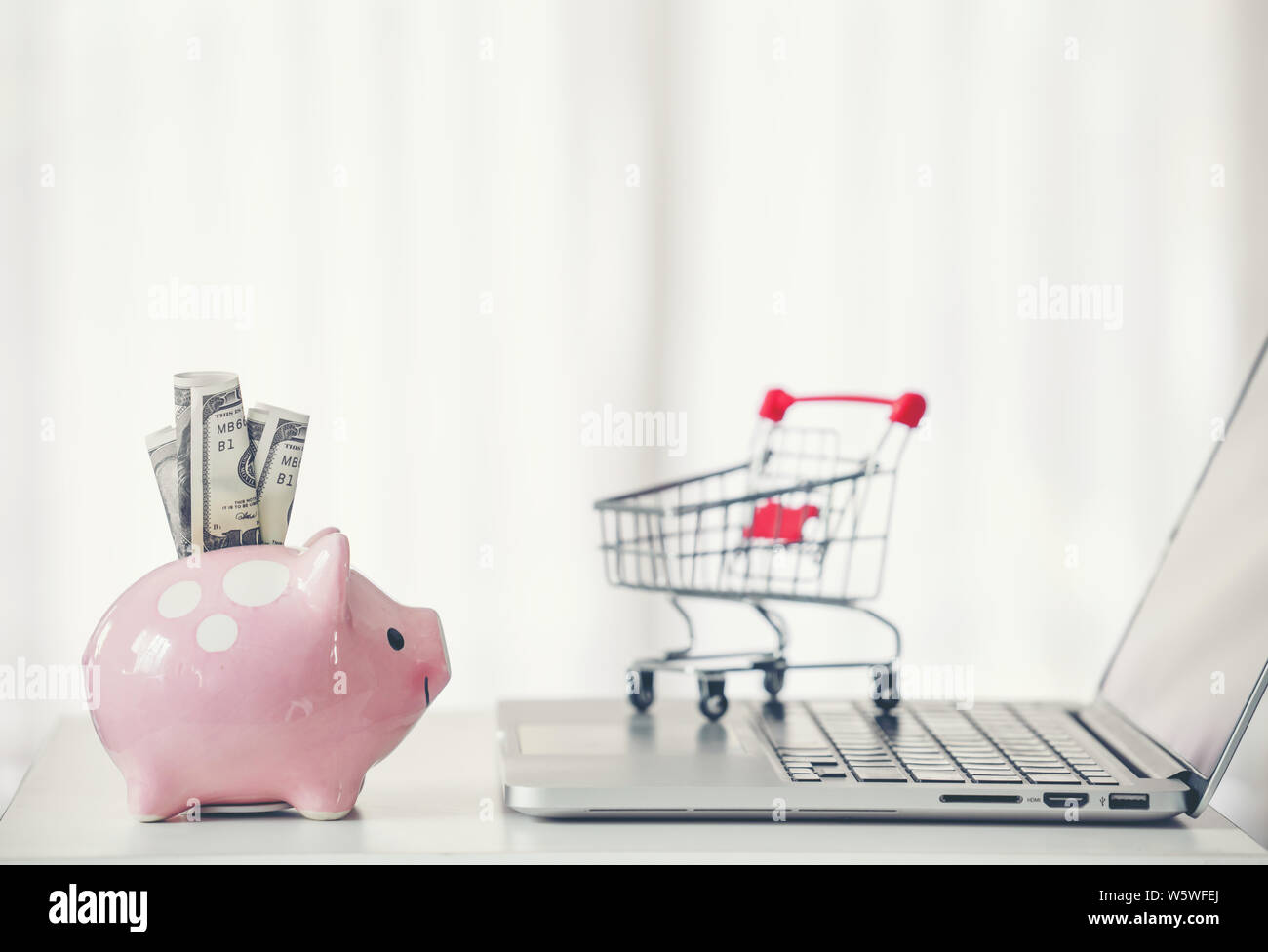 shopping cart and piggy bank with laptop on the desk, online shopping concept Stock Photo