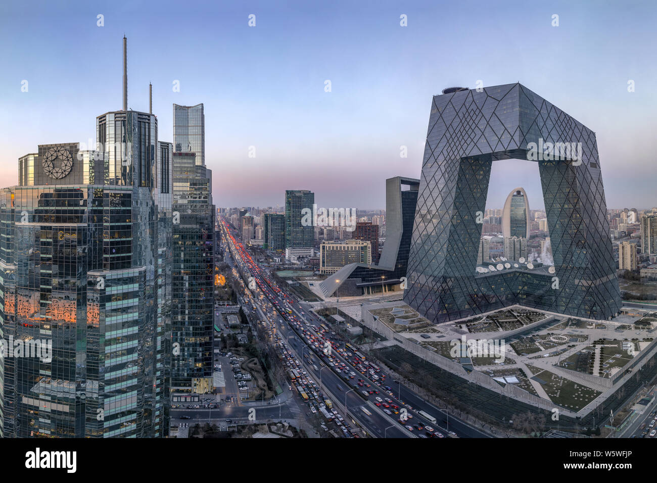 A cityscape of the Central Business District (CBD) with the new CCTV Tower and other skyscrapers and high-rise buildings in Beijing, China, 27 Decembe Stock Photo