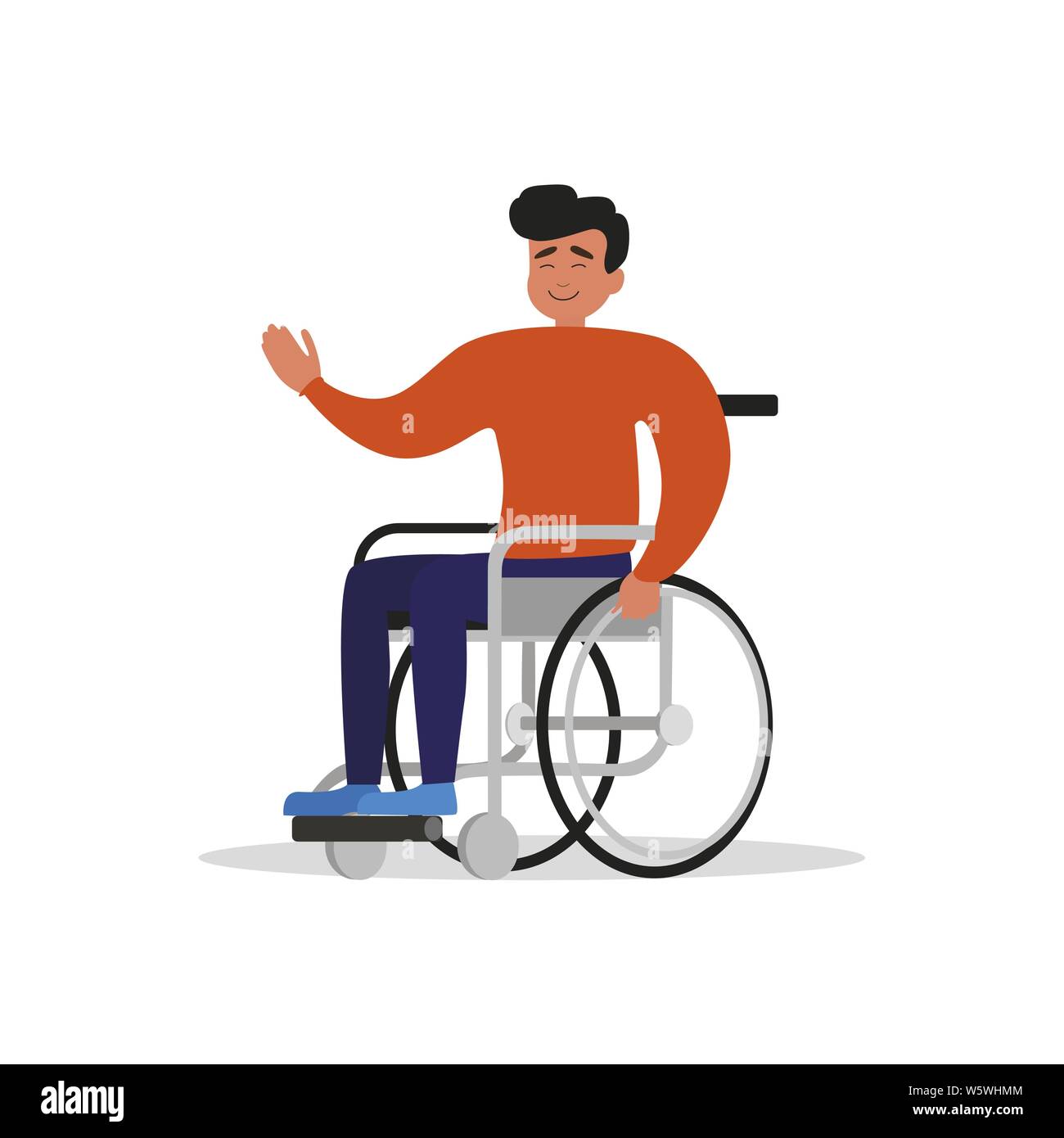 Wheelchair guy isolated. Man with disability, vector boy disabled, illustration person illness invalid, character rehabilitation and therapy after acc Stock Vector