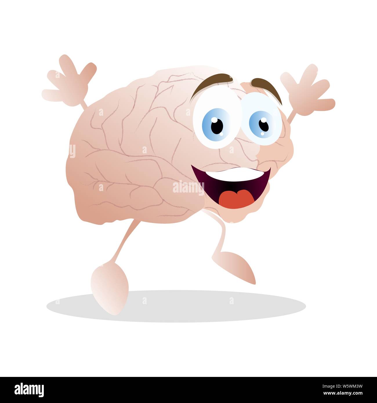 Emotion of happiness brain, vector cartoon mascot. Vector brain feels excited, pleased and good mood human mind, illustration intelligence emotion fac Stock Vector