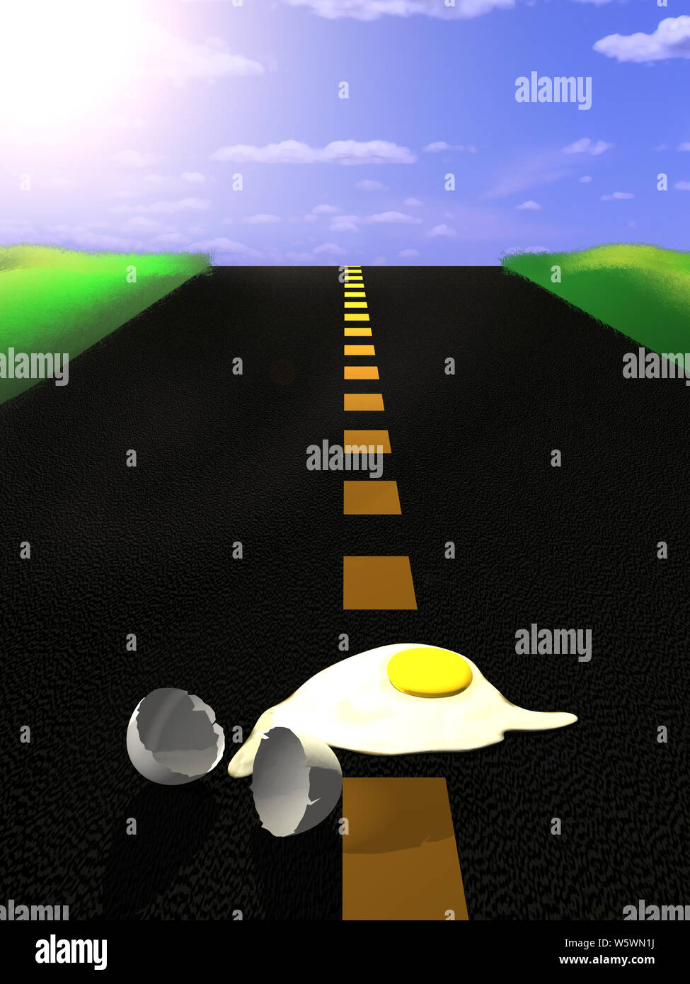 3d illustration of an egg frying on the asphalt road on a very hot day  Stock Photo - Alamy