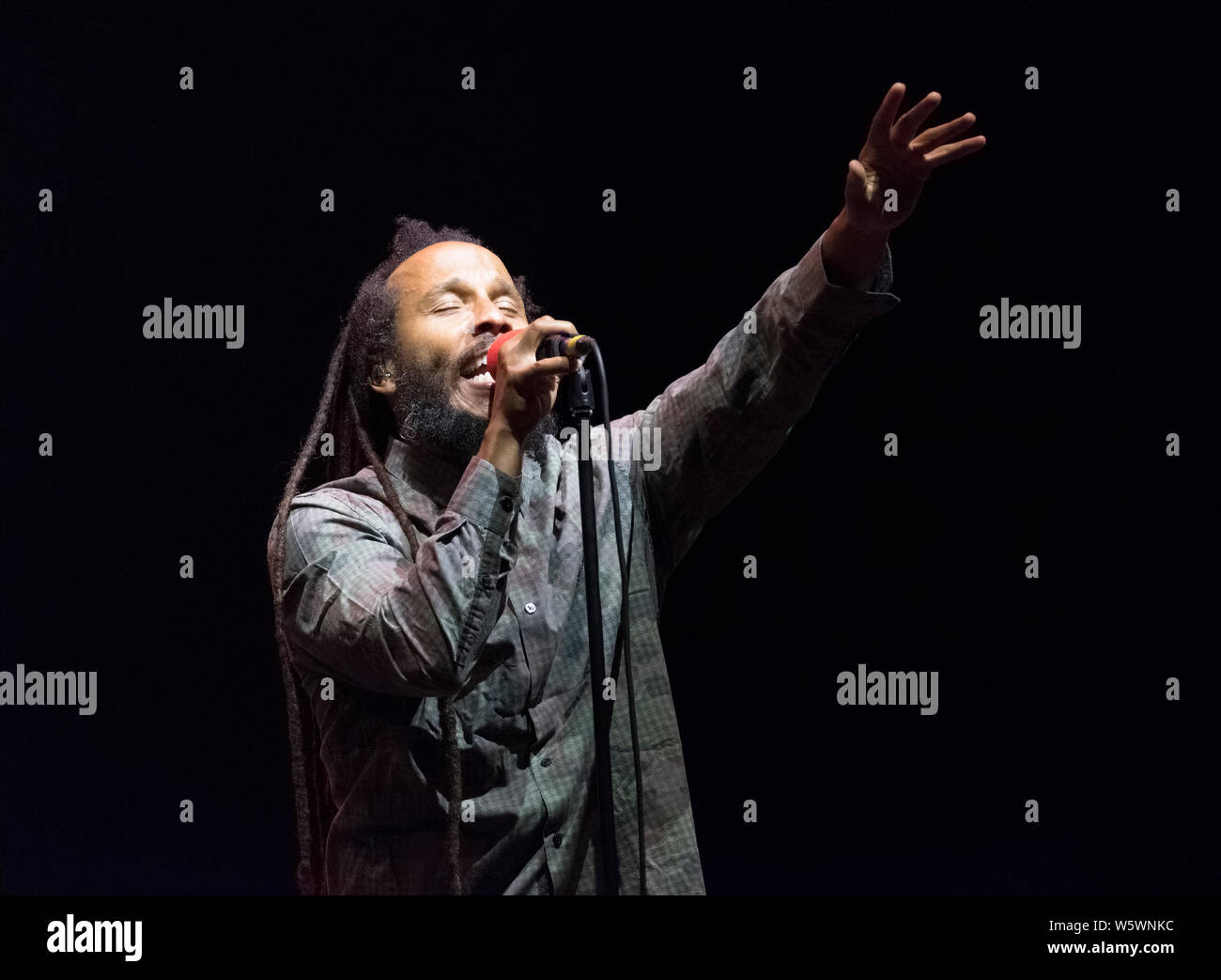 Ziggy Marley performing at the WOMAD festival, Charlton Park, UK. July 26, 2019 Stock Photo