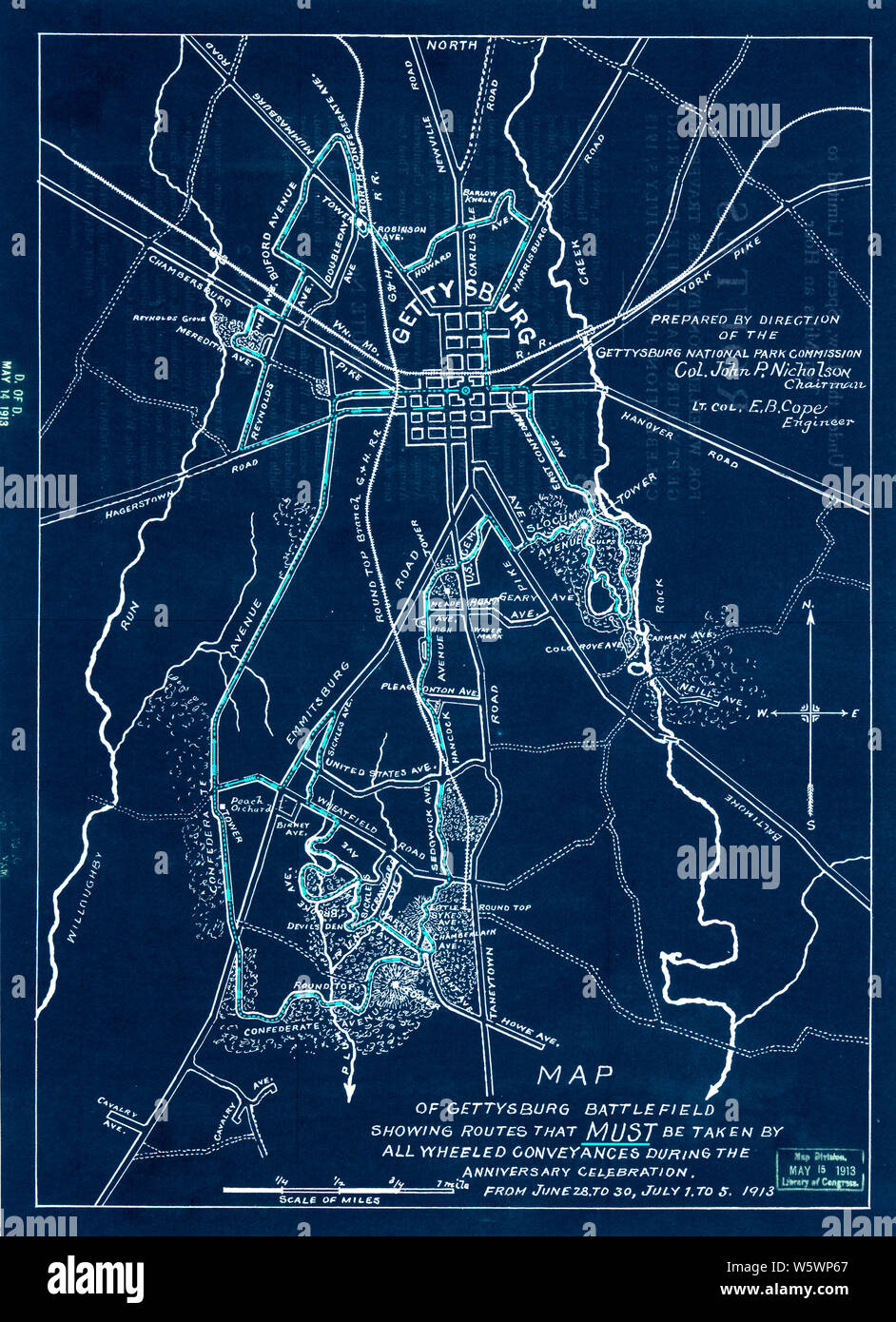 Civil War Maps 0722 Map of Gettysburg - Civil War Maps 0722 Map Of Gettysburg Battlefield Showing Routes That Must Be Taken By All Wheeled Conveyances During The Anniversary Celebration From June 28 To June 30 July 1 To 5 1913 Inverted Rebuild And Repair W5WP67 