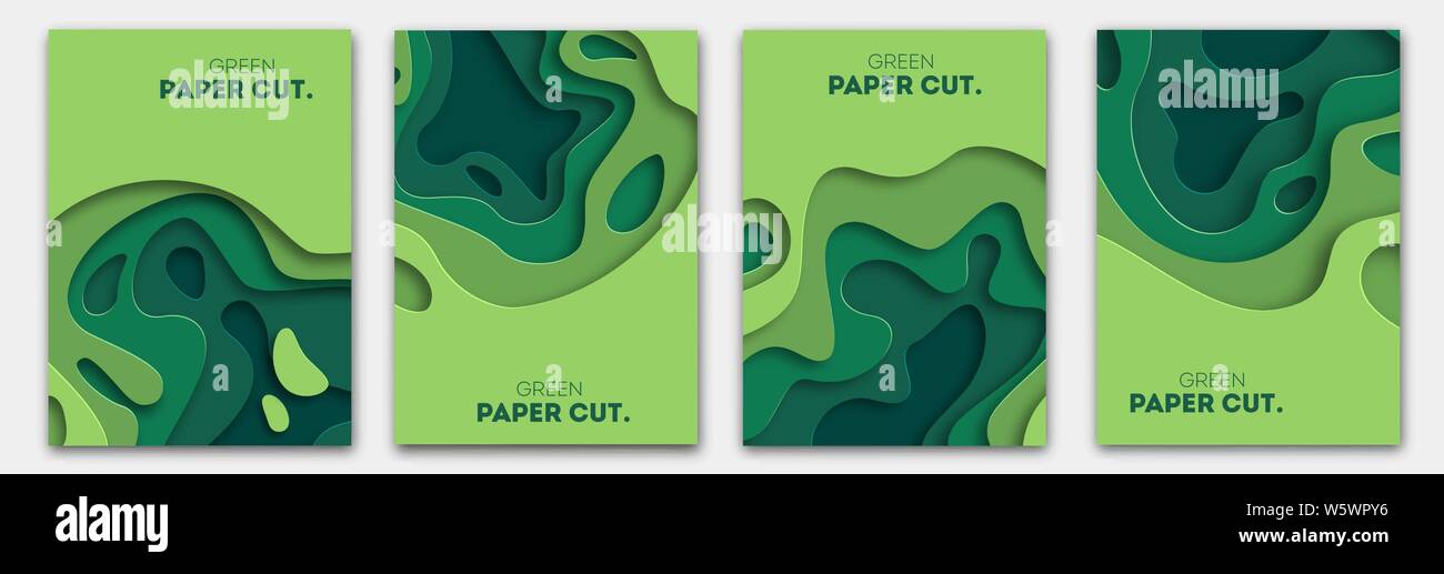 Horizontal banners set 3D abstract background, green paper cut shapes ...